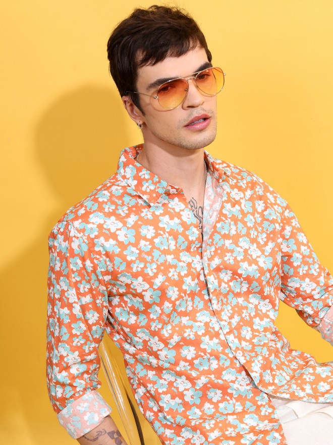 Ketch Men Coral Printed Slim Fit Casual Shirt - Peach - Image 1