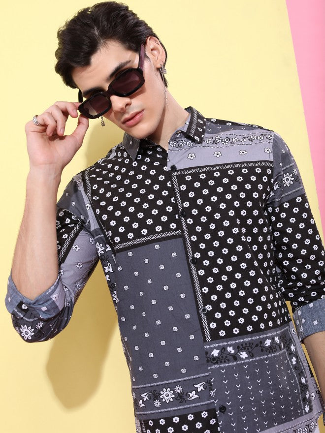 Ketch Men Grey/Black Printed Slim Fit Casual Shirt - Grey - Image 1