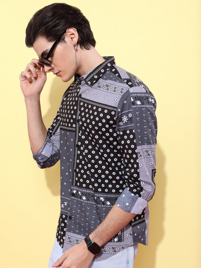 Ketch Men Grey/Black Printed Slim Fit Casual Shirt - Grey - Image 4