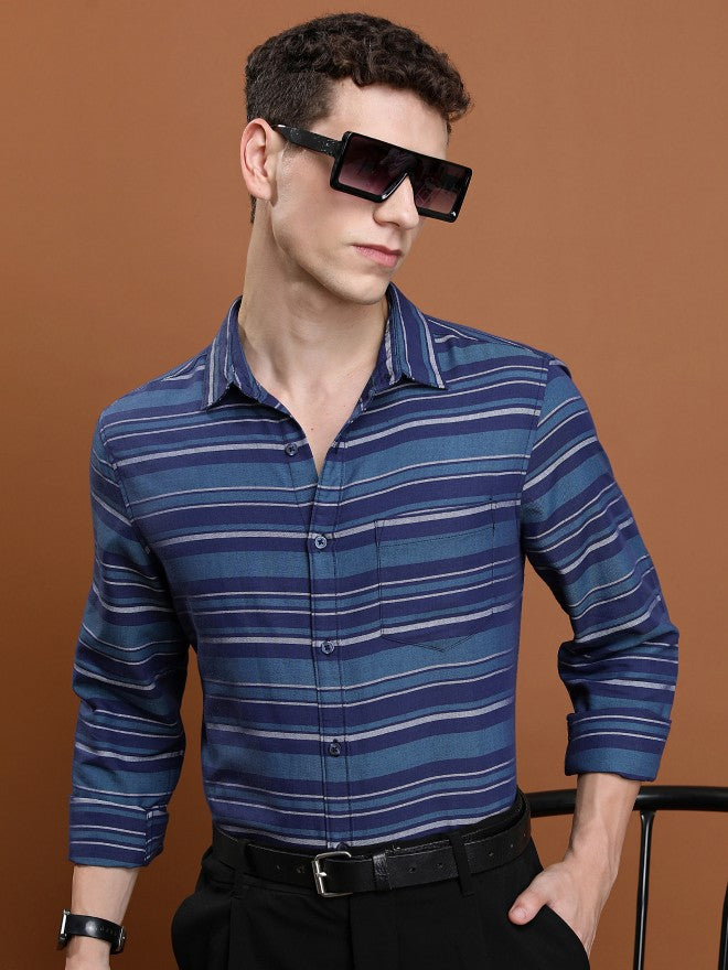 Ketch Men Navy/Teal Striped Slim Fit Casual Shirt - Navy Blue - Image 1