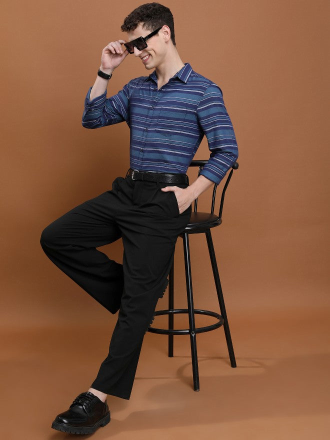 Ketch Men Navy/Teal Striped Slim Fit Casual Shirt - Navy Blue - Image 2