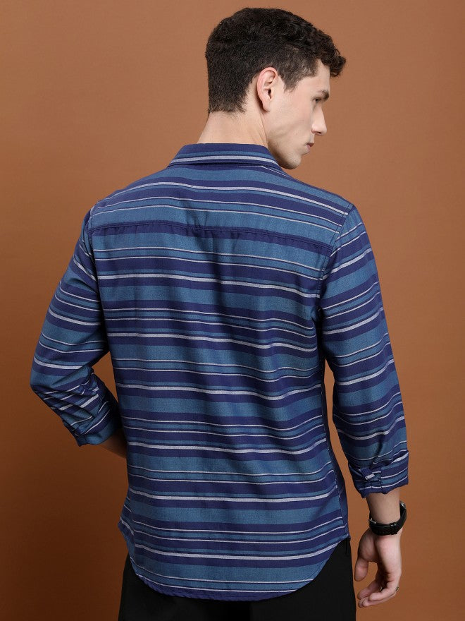Ketch Men Navy/Teal Striped Slim Fit Casual Shirt - Navy Blue - Image 3