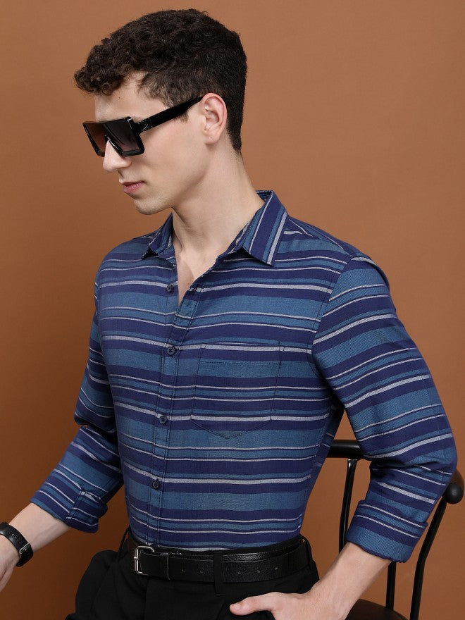 Ketch Men Navy/Teal Striped Slim Fit Casual Shirt - Navy Blue - Image 4