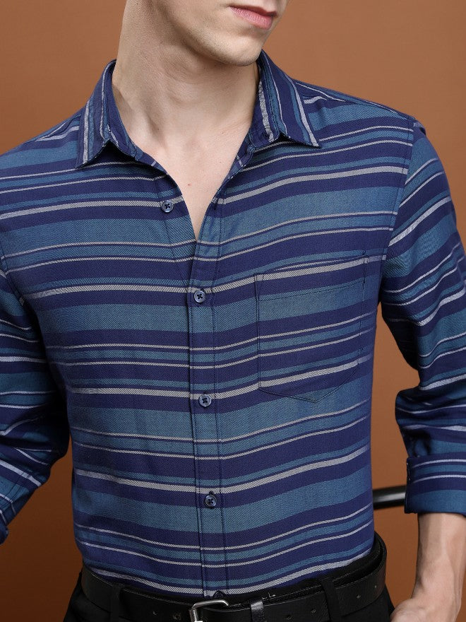 Ketch Men Navy/Teal Striped Slim Fit Casual Shirt - Navy Blue - Image 5