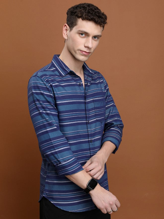 Ketch Men Navy/Teal Striped Slim Fit Casual Shirt - Navy Blue - Image 6