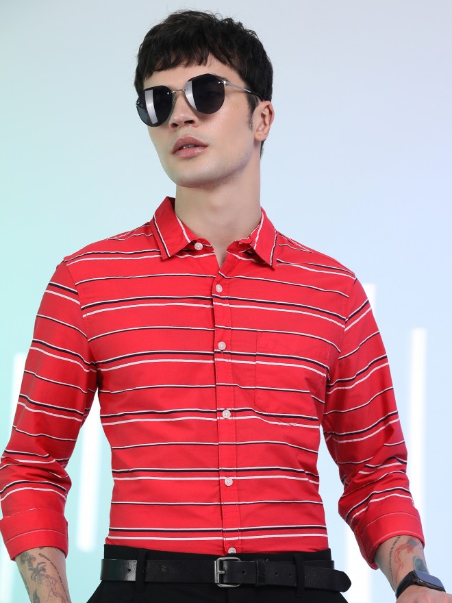 Ketch Men Coral Striped Slim Fit Casual Shirt - Red - Image 1