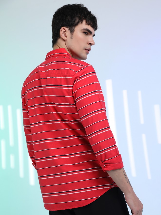 Ketch Men Coral Striped Slim Fit Casual Shirt - Red - Image 3