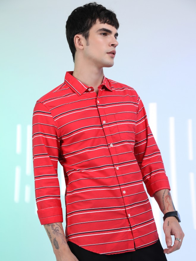 Ketch Men Coral Striped Slim Fit Casual Shirt - Red - Image 6