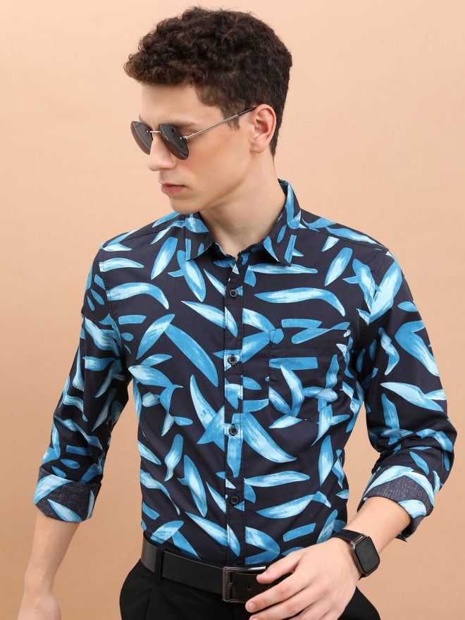 Ketch Men Black/Blue Printed Slim Fit Casual Shirt - Black - Image 1