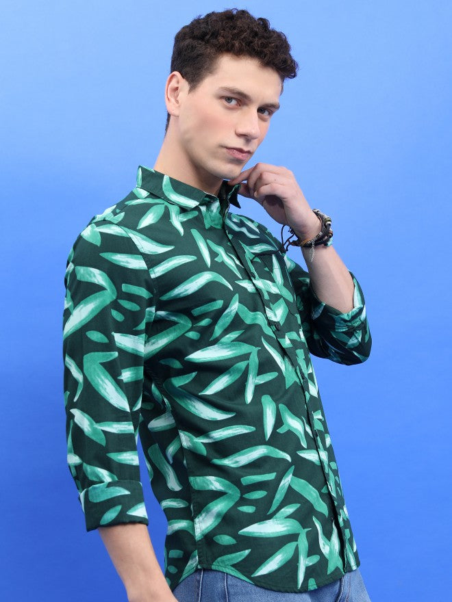 Ketch Men Dark Green/Green Printed Slim Fit Casual Shirt - Green - Image 6