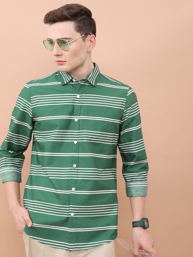 Ketch Men Dark Green Striped Slim Fit Casual Shirt - Green - Image 1
