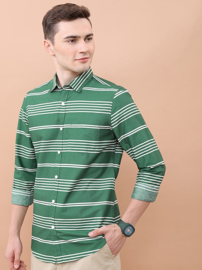 Ketch Men Dark Green Striped Slim Fit Casual Shirt - Green - Image 4