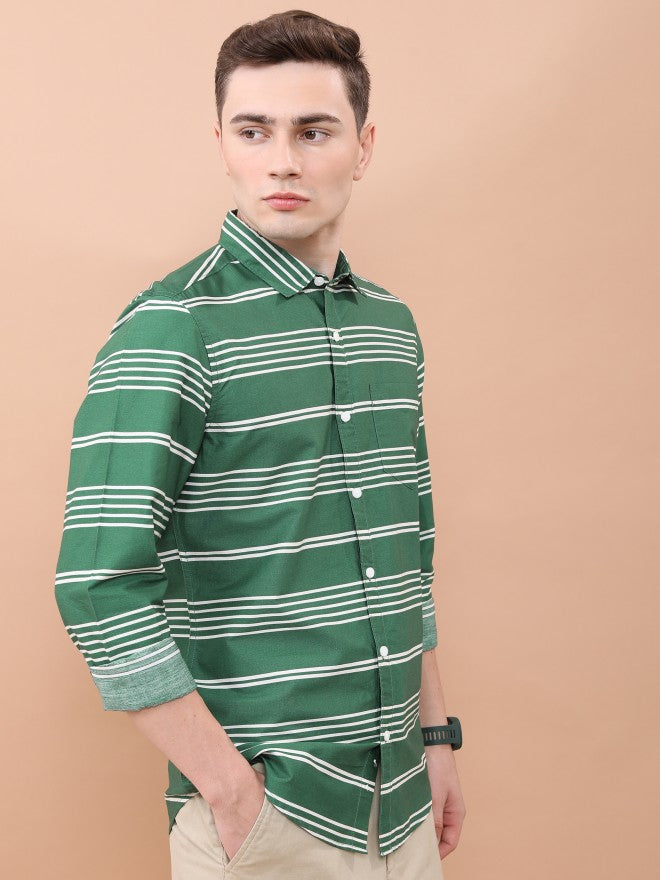 Ketch Men Dark Green Striped Slim Fit Casual Shirt - Green - Image 6
