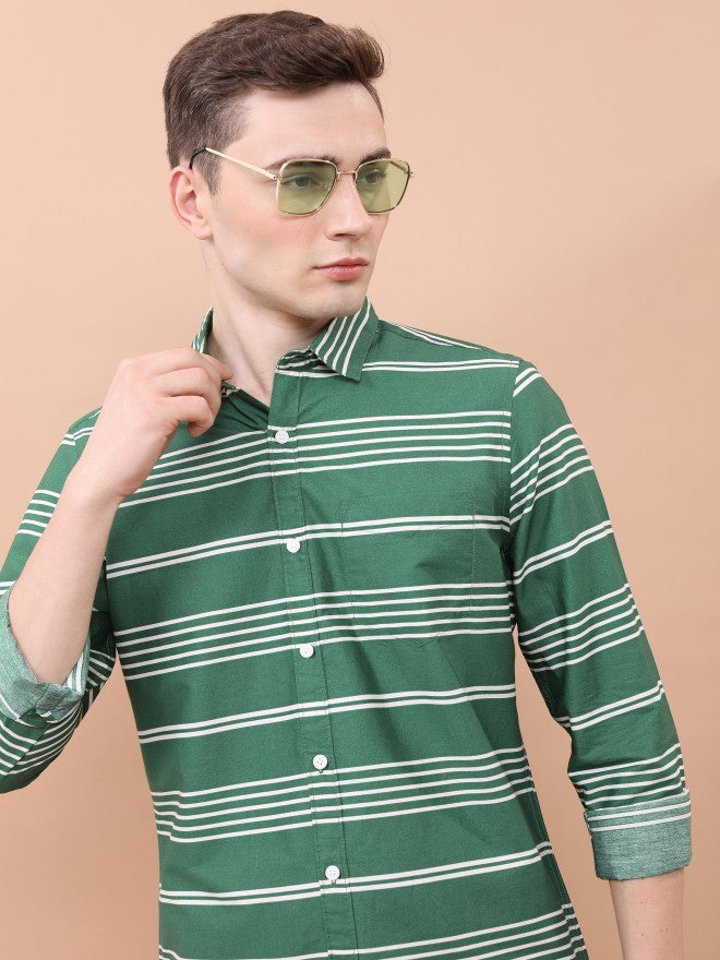 Ketch Men Dark Green Striped Slim Fit Casual Shirt - Green - Image 7