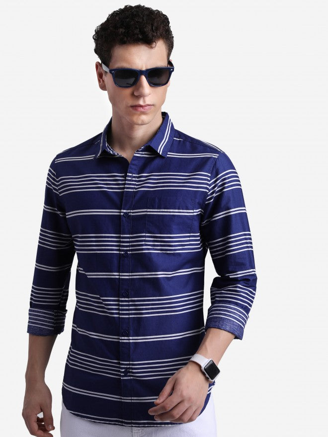Ketch Men Dark Blue Striped Slim Fit Casual Shirt - Blue - Image 1