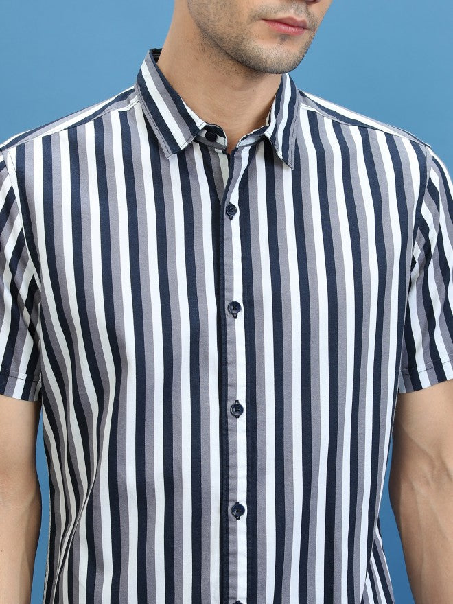 Ketch Men Navy Striped Slim Fit Casual Shirt - Navy Blue - Image 5