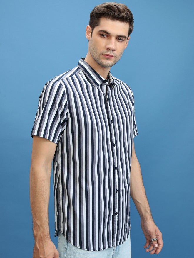 Ketch Men Navy Striped Slim Fit Casual Shirt - Navy Blue - Image 6
