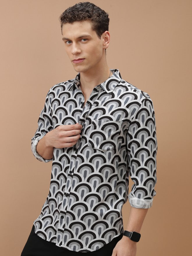 Ketch Men Lt Grey/Black Printed Slim Fit Casual Shirt - Grey - Image 4