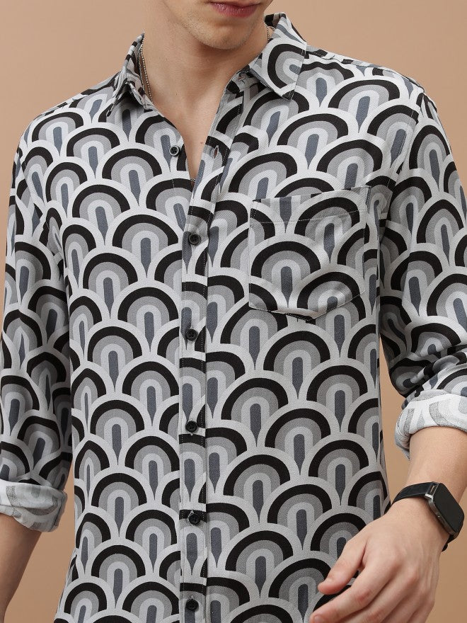 Ketch Men Lt Grey/Black Printed Slim Fit Casual Shirt - Grey - Image 5