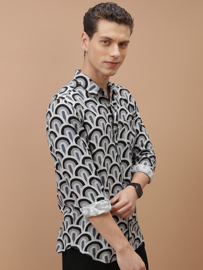 Ketch Men Lt Grey/Black Printed Slim Fit Casual Shirt - Grey - Image 6