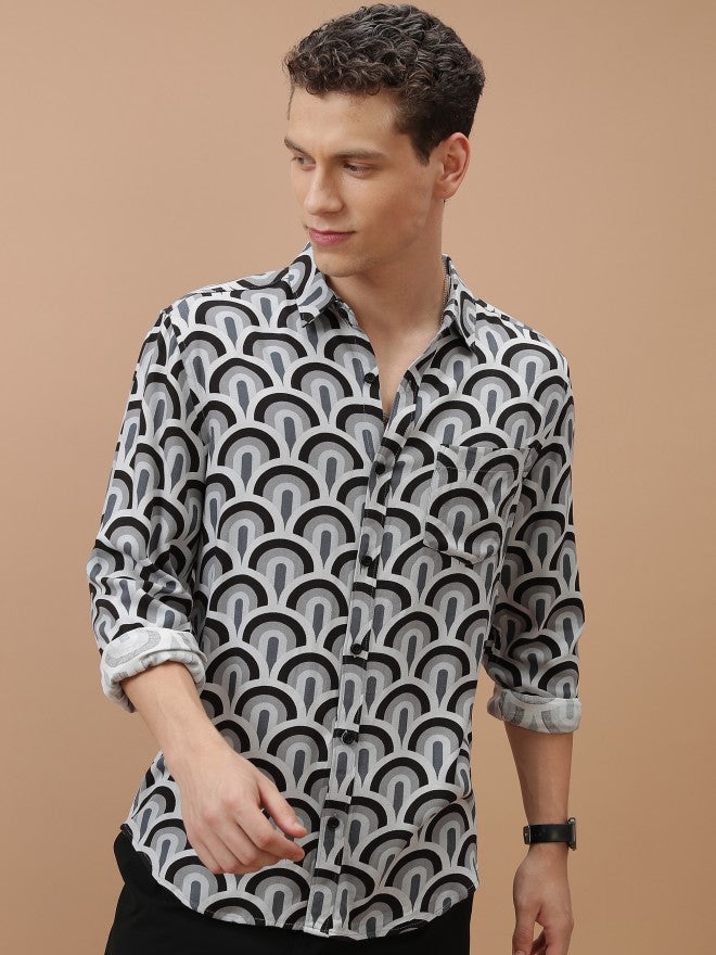 Ketch Men Lt Grey/Black Printed Slim Fit Casual Shirt - Grey - Image 7
