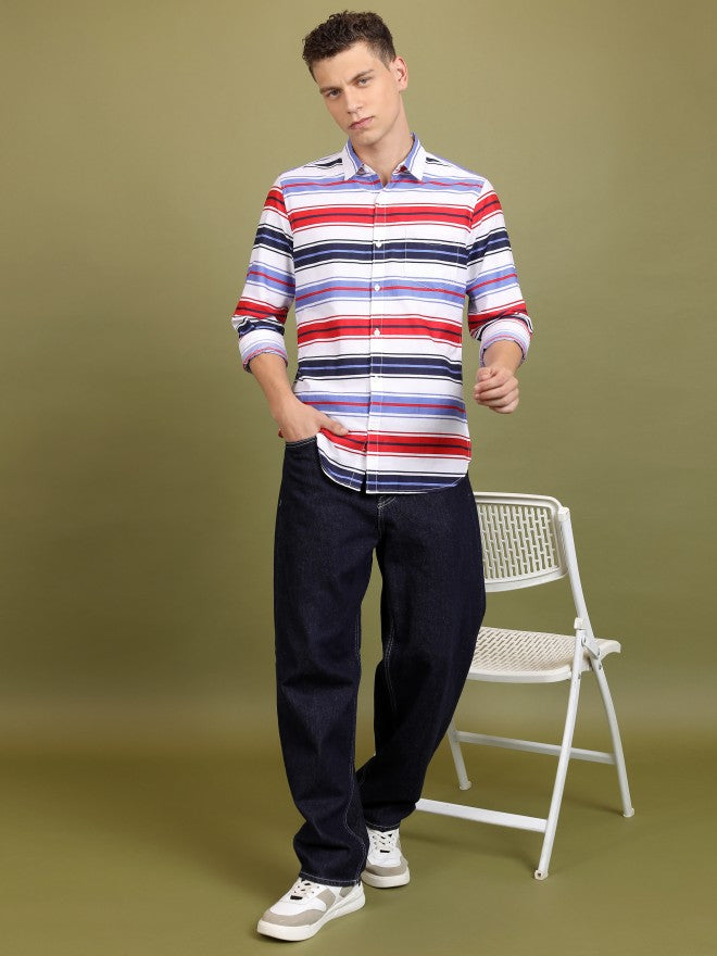 Ketch Men White/Red Striped Slim Fit Shirt - White - Image 2