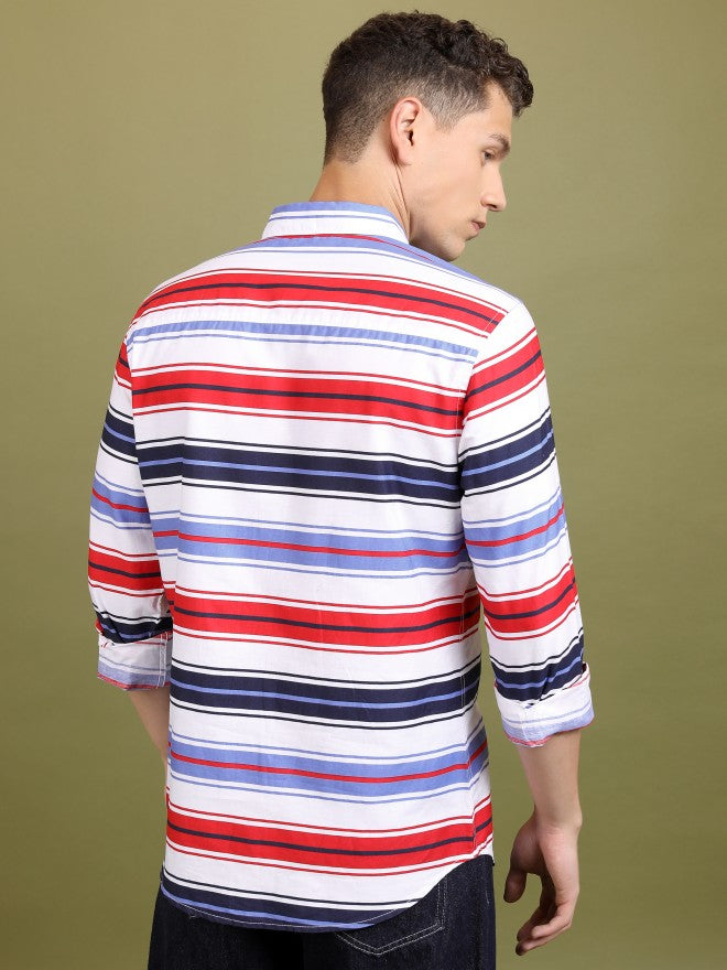 Ketch Men White/Red Striped Slim Fit Shirt - White - Image 3