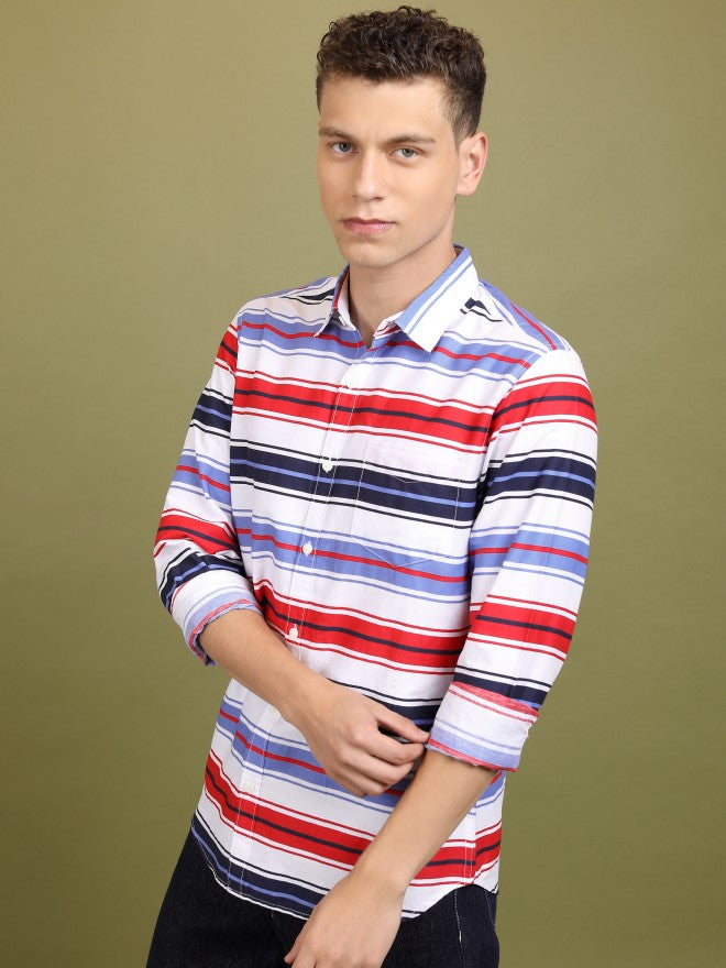 Ketch Men White/Red Striped Slim Fit Shirt - White - Image 4