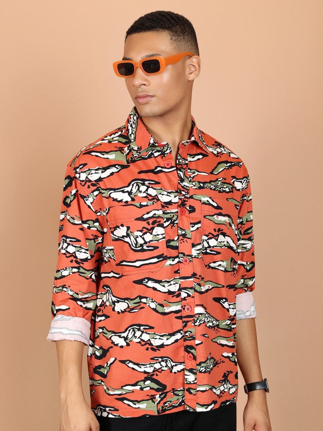 Ketch Men Orange Printed Slim Fit Casual Shirt - Orange - Image 1