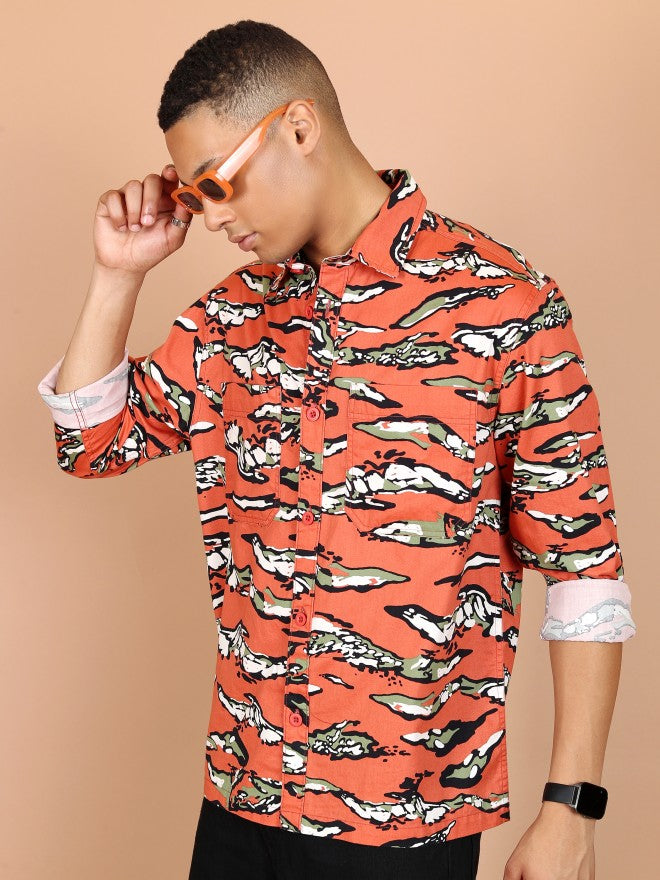 Ketch Men Orange Printed Slim Fit Casual Shirt - Orange - Image 4
