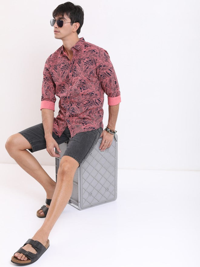 Ketch Men Coral Printed Slim Fit Casual Shirt - Coral - Image 1