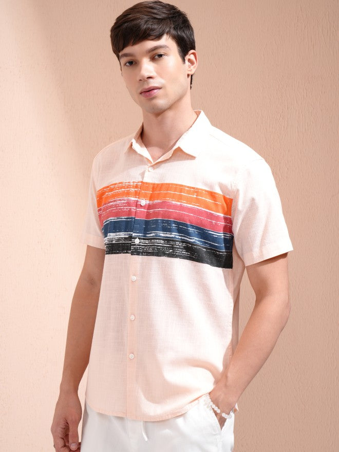 Ketch Men Peach Colourblocked Slim Fit Casual Shirt - Peach - Image 4