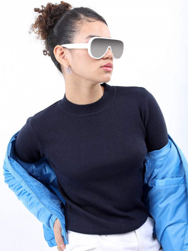 Ketch Women Navy Round Neck Pullover Sweater - Navy Blue - Image 1