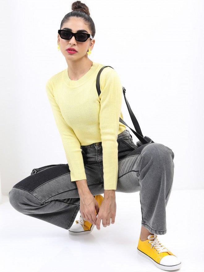 Ketch Women Yellow Round Neck Pullover Sweater - Yellow - Image 2