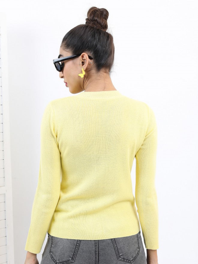 Ketch Women Yellow Round Neck Pullover Sweater - Yellow - Image 3