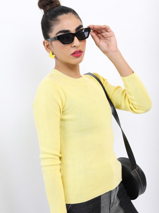 Ketch Women Yellow Round Neck Pullover Sweater - Yellow - Image 6