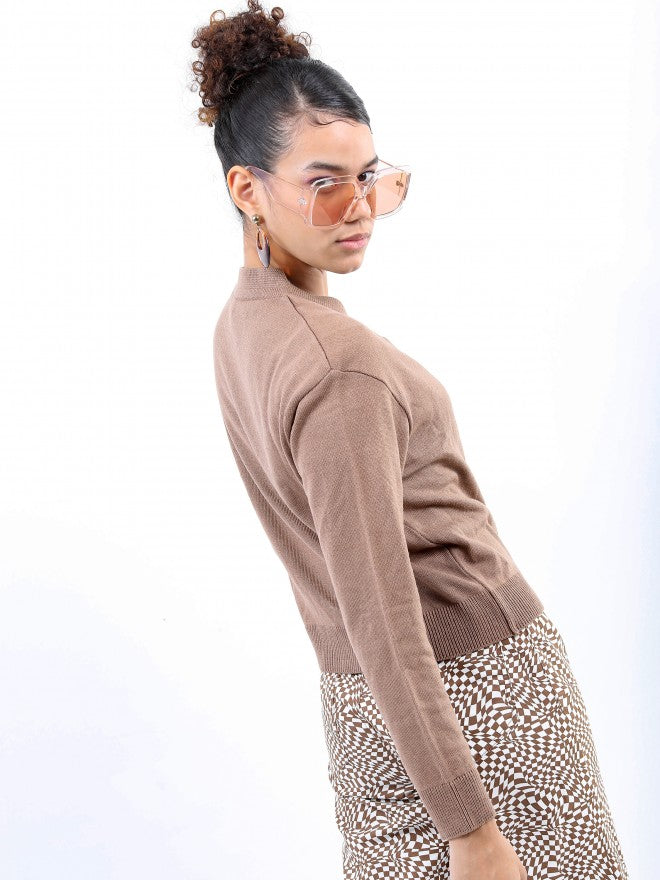 Ketch Women Nude V-Neck Cardigan Sweater - Brown - Image 3