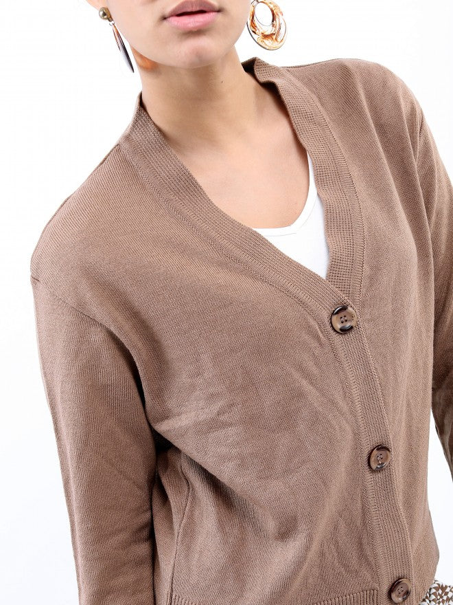 Ketch Women Nude V-Neck Cardigan Sweater - Brown - Image 5