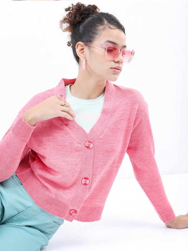 Ketch Women Pink V-Neck Cardigan Sweater - Pink - Image 1