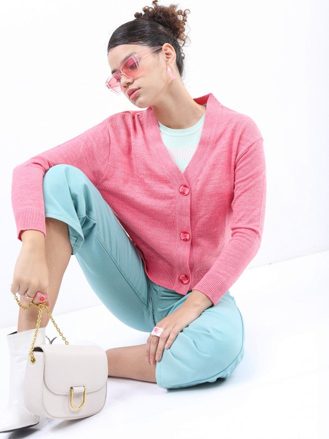 Ketch Women Pink V-Neck Cardigan Sweater - Pink - Image 2
