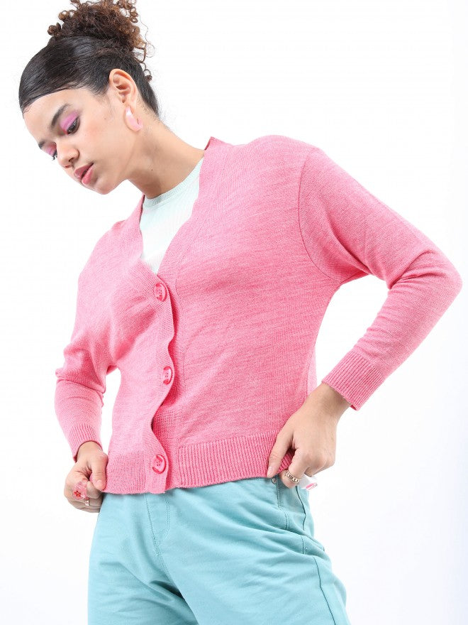 Ketch Women Pink V-Neck Cardigan Sweater - Pink - Image 4
