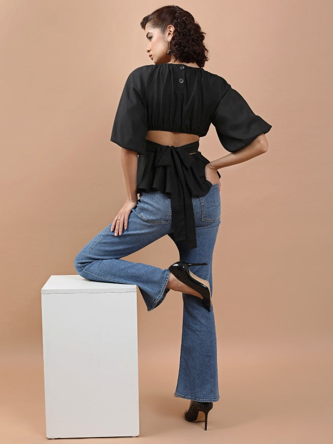 Ketch Women Black Solid Peplum Top - Black - Image 2