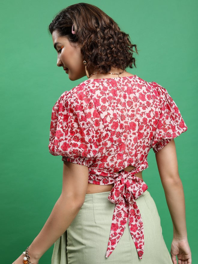 Ketch Women Pink/White/Multi Back Tie Up Crop Top - Pink - Image 3