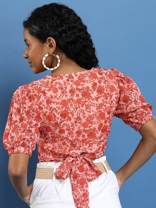 Ketch Women Red/Peach Printed Bardot Top - Red - Image 3