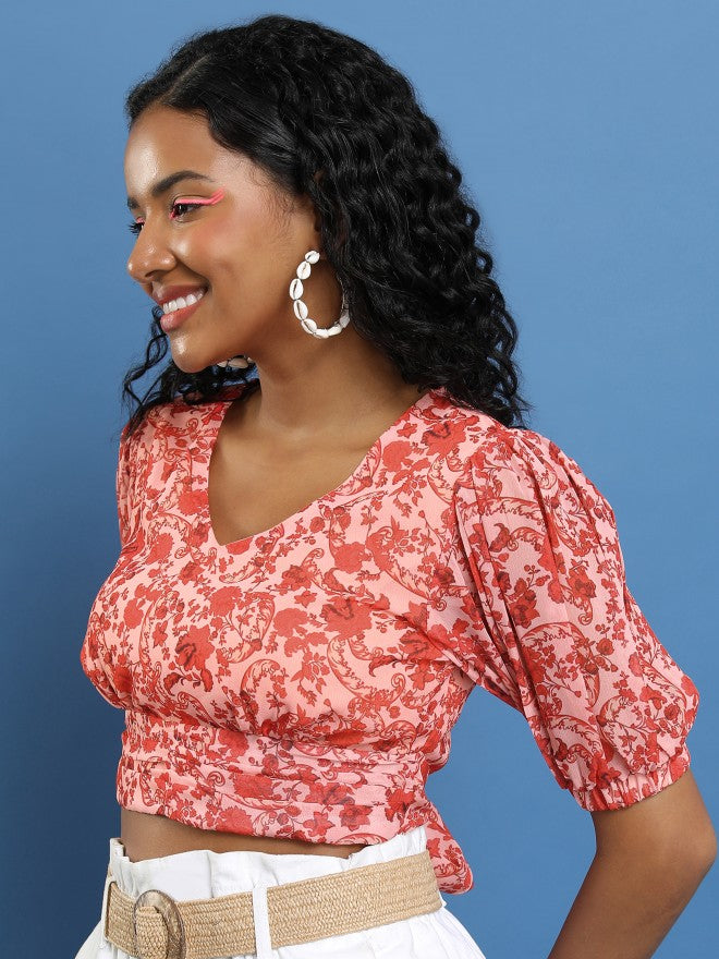 Ketch Women Red/Peach Printed Bardot Top - Red - Image 4