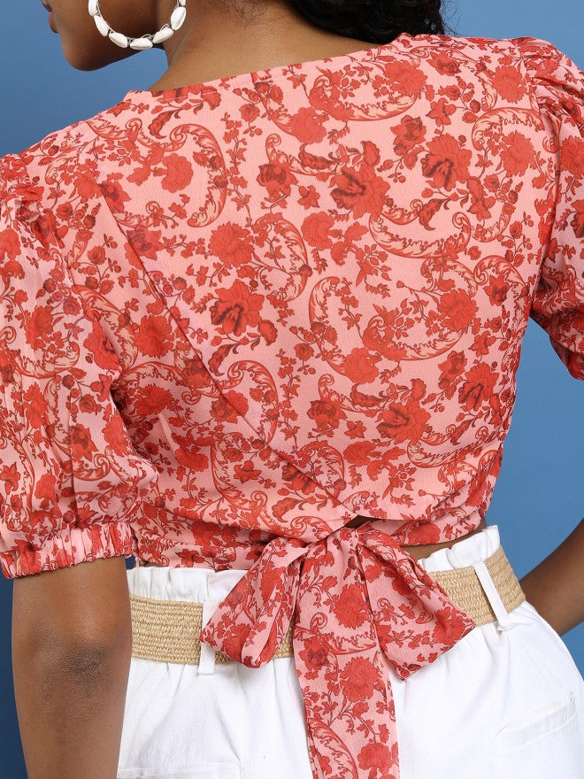 Ketch Women Red/Peach Printed Bardot Top - Red - Image 5