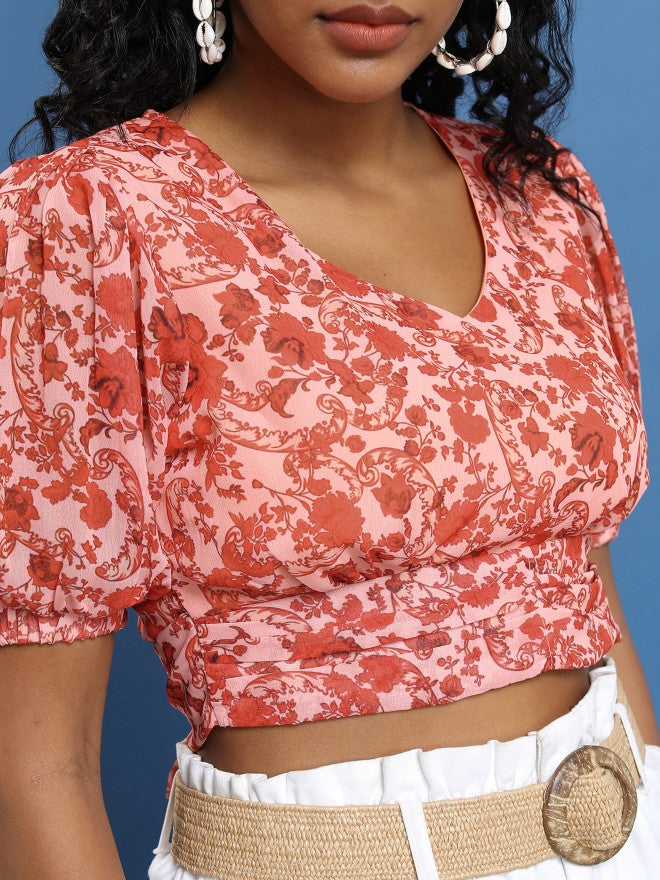 Ketch Women Red/Peach Printed Bardot Top - Red - Image 7