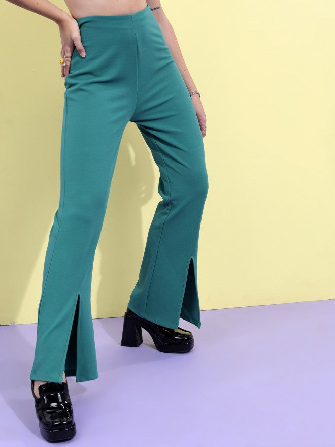Ketch Women Green Solid Bell Bottom Pant With Slit - Green - Image 6