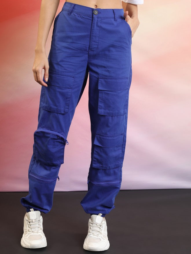 Ketch Women Blue Solid Regular Fit Cargos - Blue - Image 1