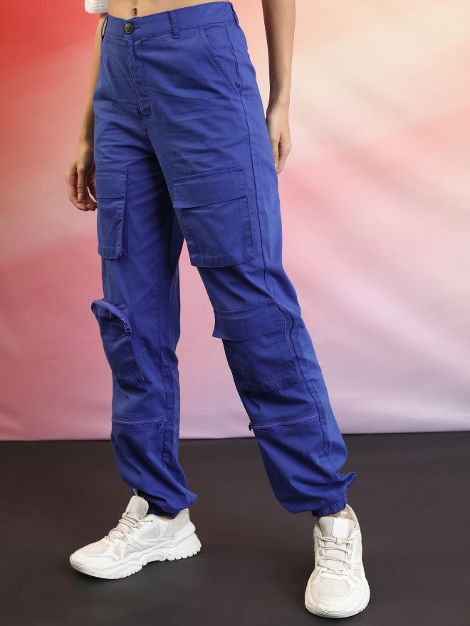 Ketch Women Blue Solid Regular Fit Cargos - Blue - Image 4
